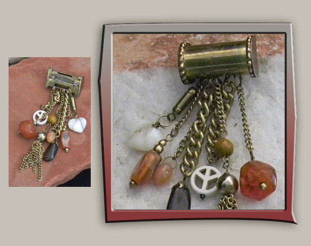 Barrel of charms brooch has agate stones, peace symbol and ball with dangles-all on sturdy chain