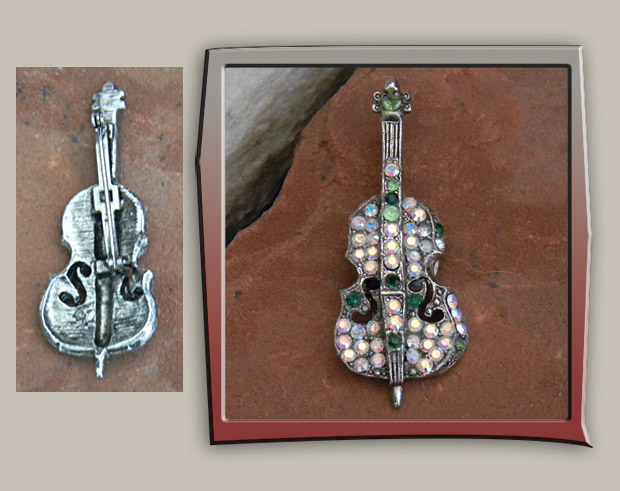 Beautiful vintage violin or cello brooch with multi-colored crystals and intricate details
