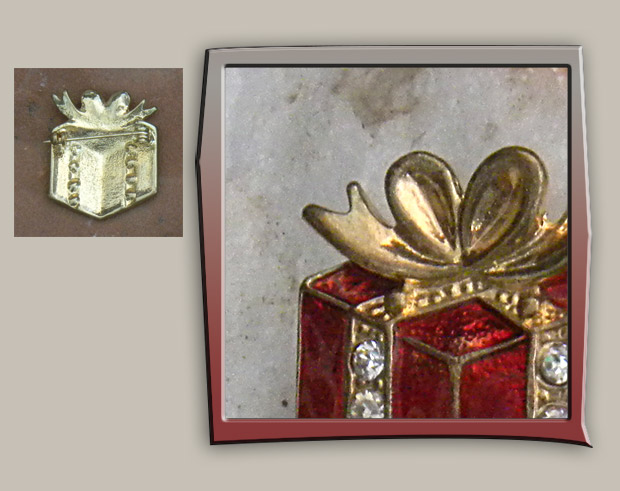 Festive red and gold vintage enamel brooch of gift box decorated with rhinestones