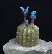 fantasy stoneware cacti with blue flower buds
