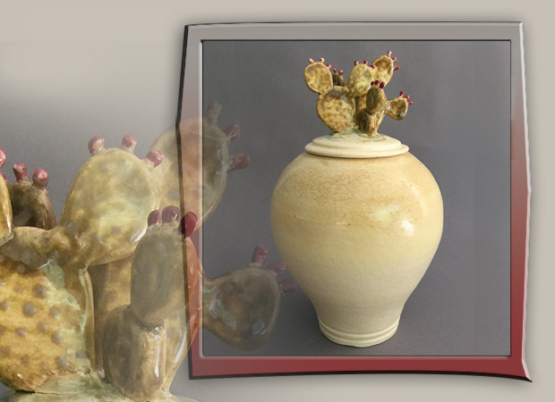 stoneware lidded jar with cactus motif