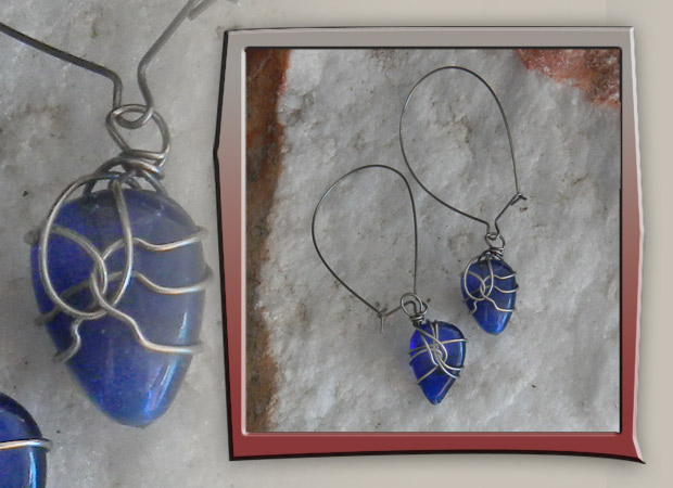 Whimsical Wire wrapped Cobalt Colored Stones earrings