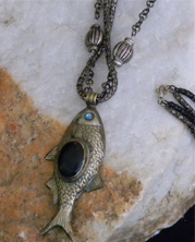 artisan large silver-plated fish with black stone and on double chain