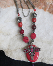 designer beaded necklace with dragonfly on red stone pendant