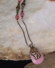 Tibetan pink quartz pendant with elephant carved in Yak bone