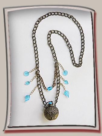 Vial Pendant with Tree Carving on Bronze Chain with Blue Glass leaf Accents