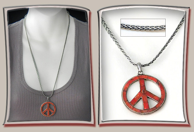 Sterling Silver and Coral Mosaic Peace Symbol