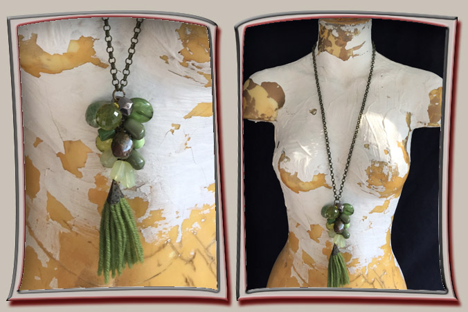 long necklace has cluster of green chunky beads
