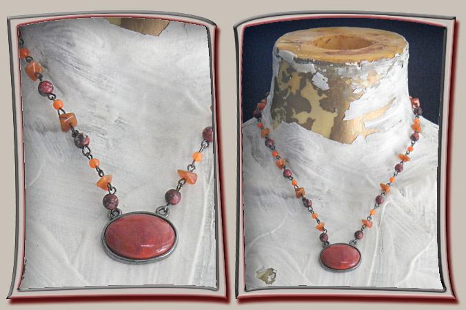 Orange oval Pendant Necklace with Agate Chip Beads