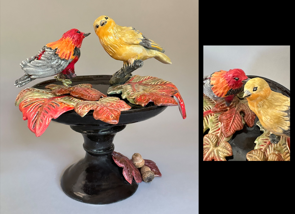 Scarlet Tanagers on Platter of Fall Leaves