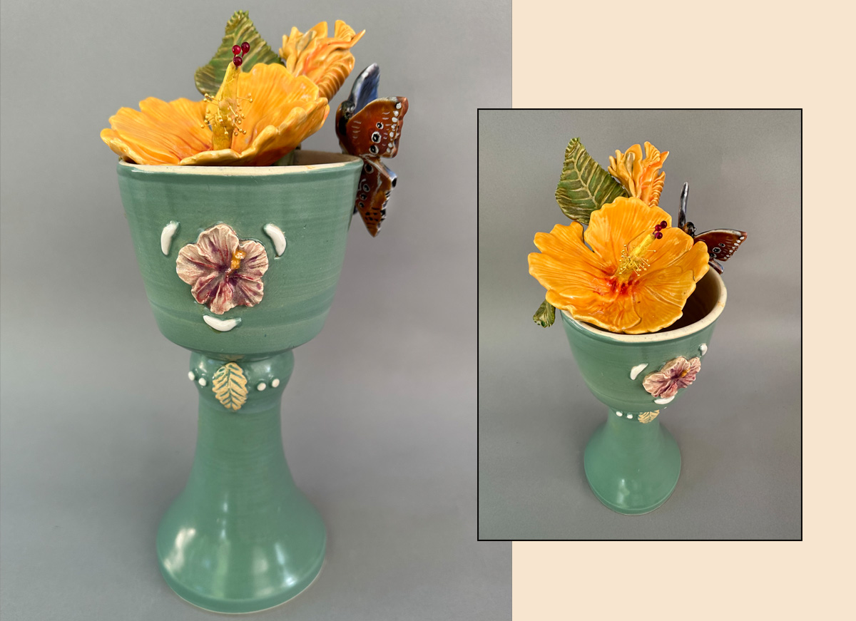 Chalice with Hibiscus and Blue Morpho Butterfly