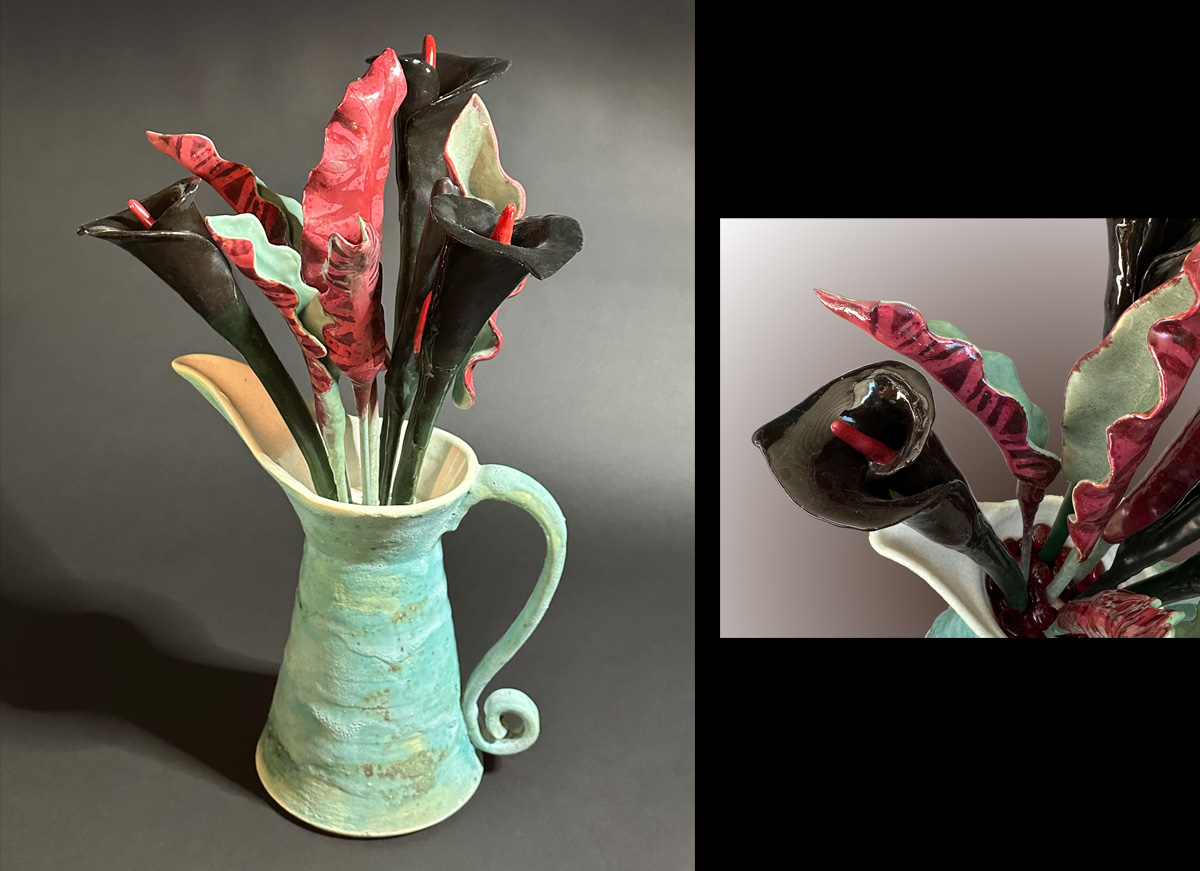 Black Calla Lilies and Leaves in Thrown Pitcher