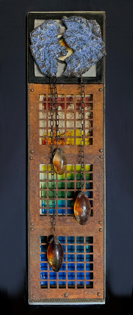 Steampunk wall hanging in ceramic and found object