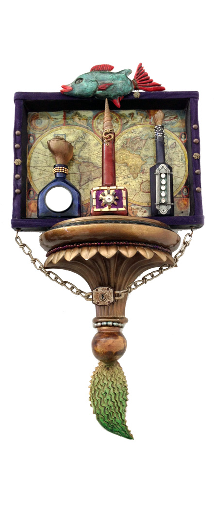 steampunk assemblage art with ceramic cupid and ornaments